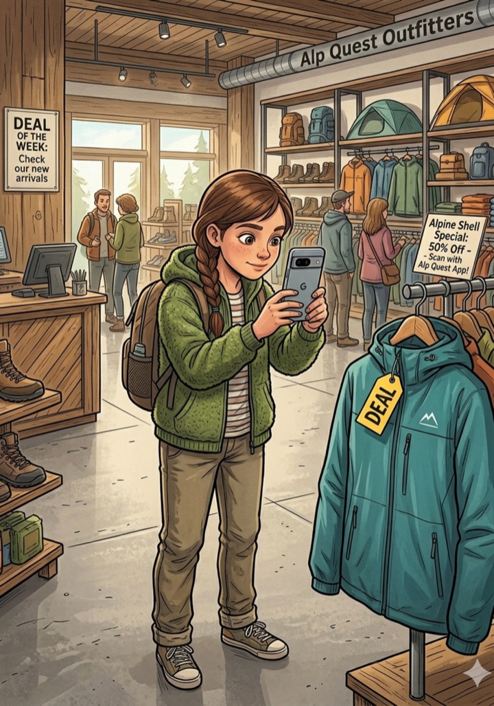 Someone spotting a 50%-off jacket in a store and snapping it with their phone