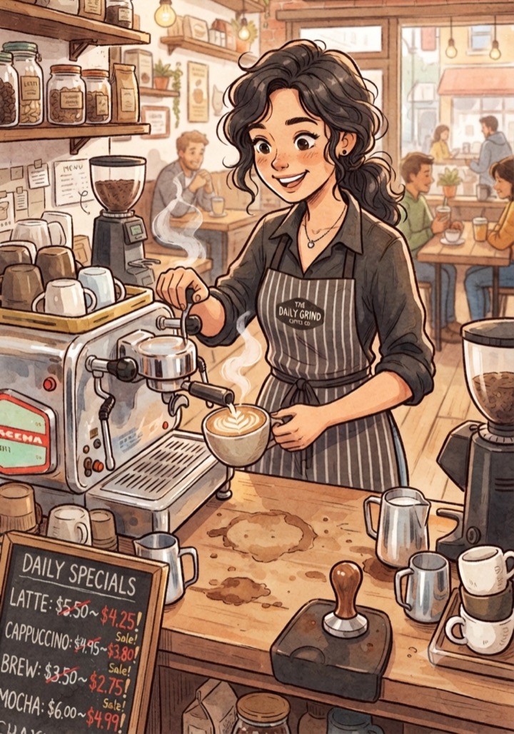 A barista pouring a latte next to a daily specials board