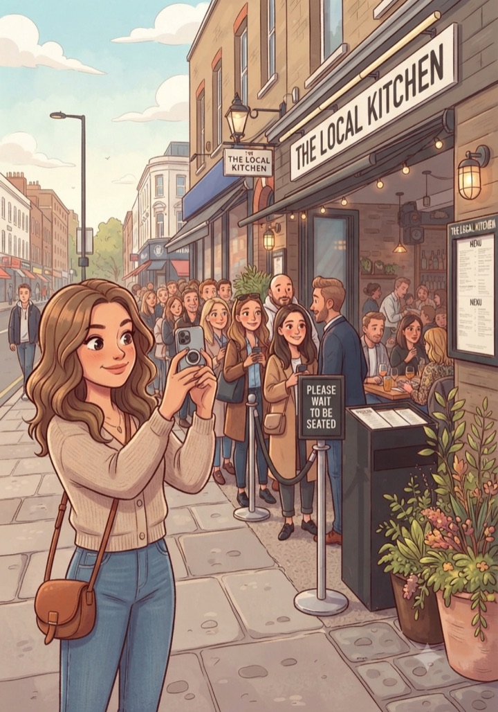 Someone snapping the line outside a buzzing restaurant