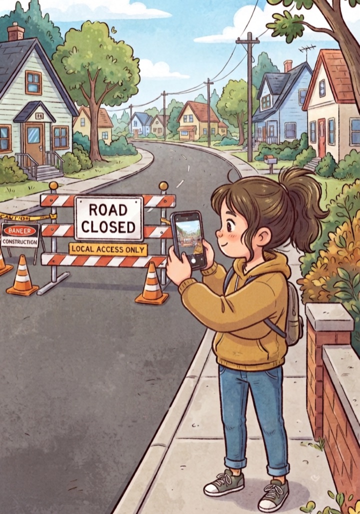 Someone photographing a road-closed barricade to warn neighbors